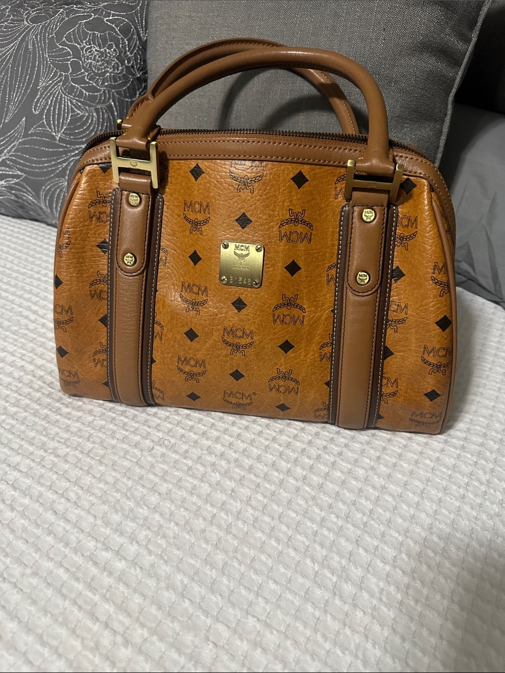 MCM Cognac Visetos Logo Dome Satchel with Gold Hardware